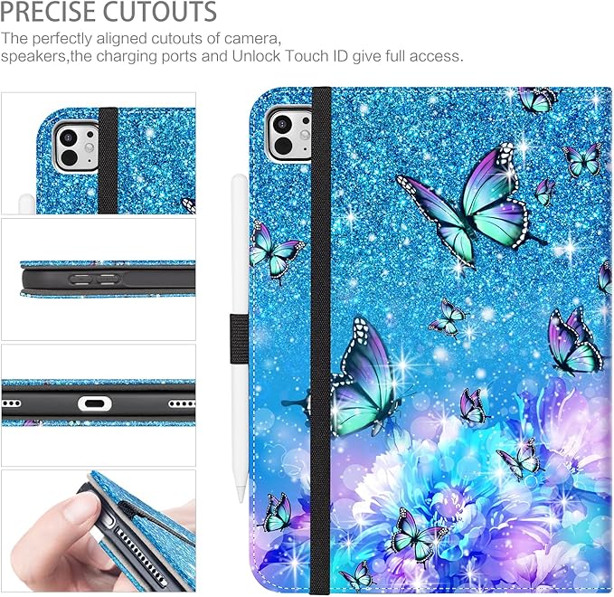 iPad Pro 13 inch Case (M5)2025 Case for iPad Pro 13-inch (M4) 2024 with Pencil Holder Multi-Angle View Adjustable Stand Shockproof Protective with Pocket/Hand Strap/Auto Wake SleepFlowers Butterfly