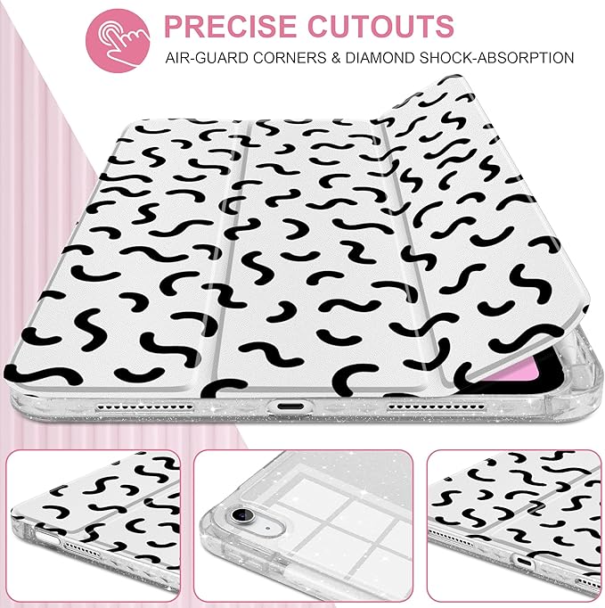 MEEgoodo Case for iPad A16 11th Generation 2025/10th Generation 2022 Glitter Tablet Cases with Transparent Acrylic Back+Trifold Stand +Pencil Holder+Auto Wake/SleepCartoon Line