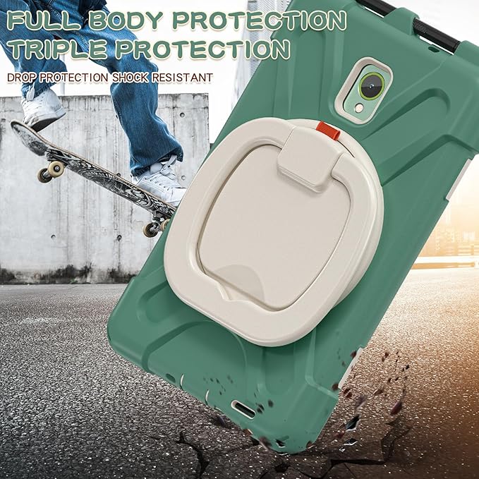 Rugged Case for Samsung Galaxy Tab Active5 5G (SM-X306B/X300) w/ 360° Rotating Hanging Ring Handle Grip Kickstand Heavy Duty Shock-Proof Armor Cover w/Shoulder Strap Stylus Holder (Green)