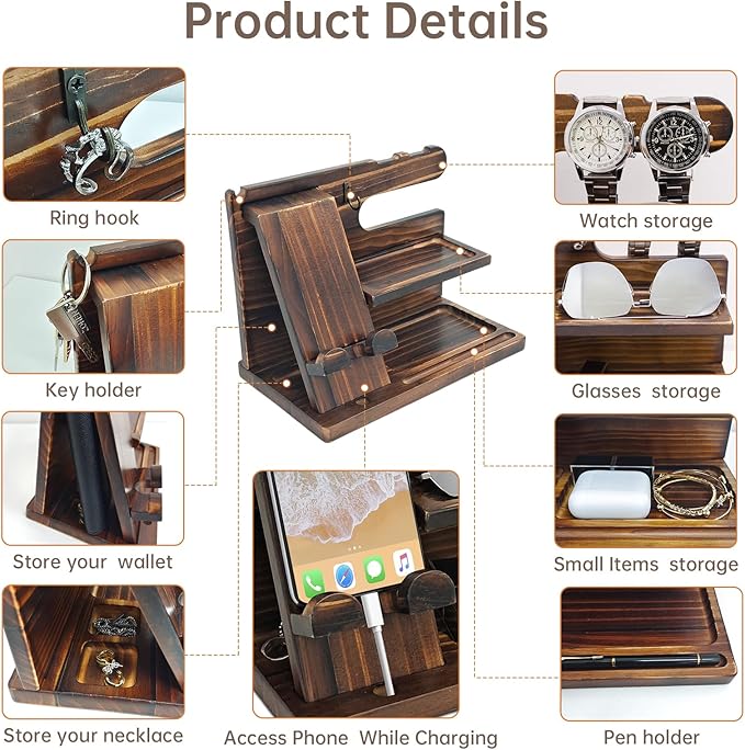 Nightstand Organizer with Phone Docking Station and Desk Organizer - Brown Wooden Gift for Men and Dad