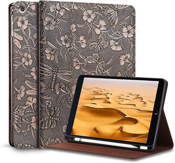 Gexmil Leather Case for iPad 10.2 inch 9th/8th/7th Gen. 2021/2020/2019 with Pencil Holder Genuine Leather Cover Auto Sleep/WakeSmart Folio Shockproof ProtectiveAnti-FingerprintButterfly Grey