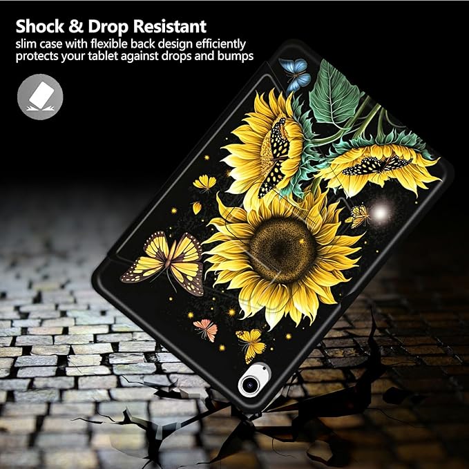 Case for iPad (A16) 11th Generation 11 Inch 2025/10th Generation 10.9 Inch 2022360 Degree Rotating Swivel Stand Protective Cover with Auto Wake/Sleep for iPad 10th 10.9Sunflower Butterfly
