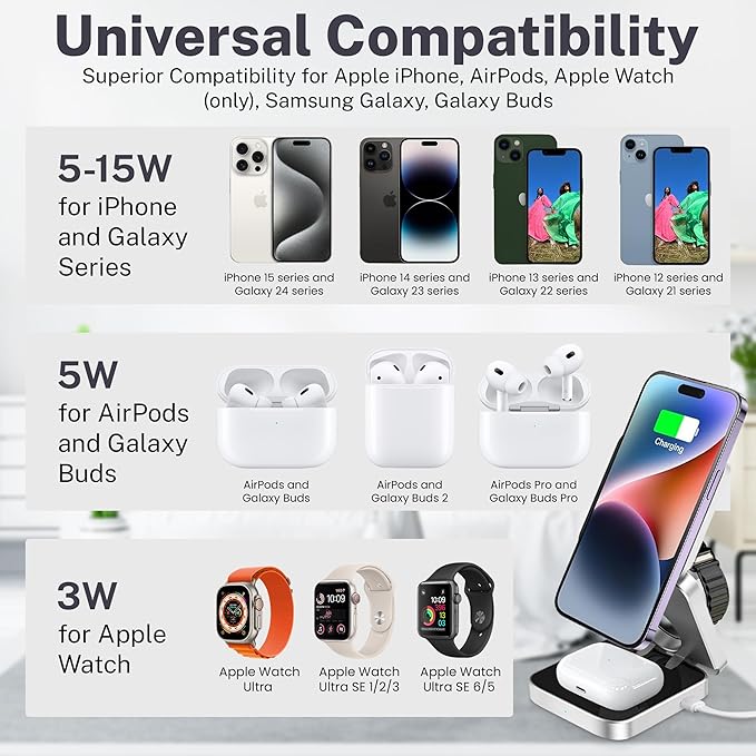 Wireless 3 in 1 Magnetic Charging Station Portable Foldable Fast Charge Travel | Black and Silver Mobile Phone Holder | with Extra Magnetic Ring | New Anti-Slip Earbud Base Charger