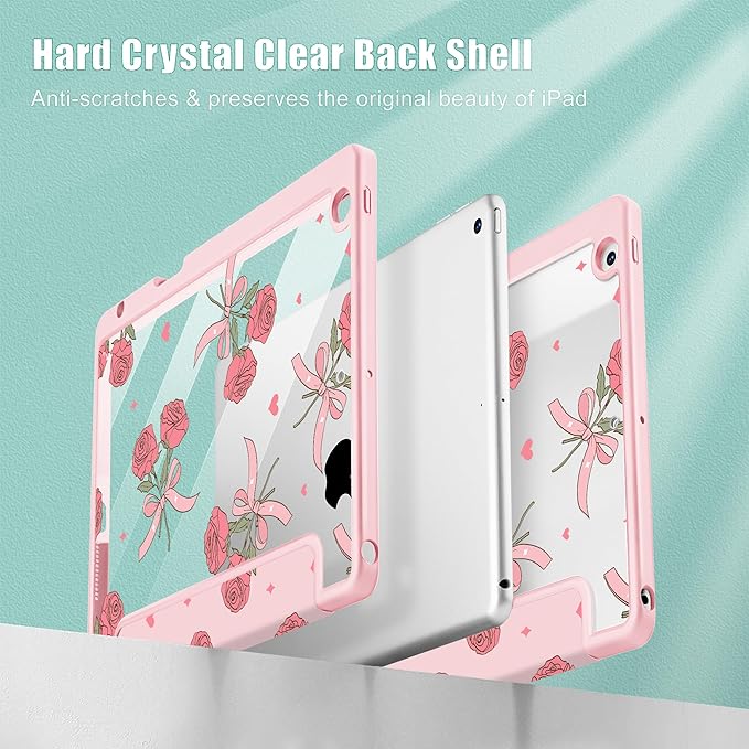 Case for iPad 9th/ 8th/ 7th Generation 10.2-Inch Case(2021/2020/2019 Release) [Built in Pencil Holder] Trifold Stand Auto Wake/Sleep Clear TPU Protection Back Cover Rose Bows