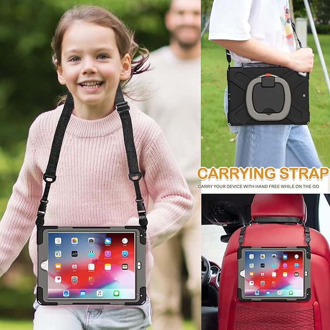 BRAECN Case for iPad 9.7 Inch 6th/5th Generation 2018/2017 iPad Air 2 3-Layer Protective Silicone Cover with Pencil Holder/Hand Grip/Kickstand/Shoulder Strap for iPad 5th/6th Generation-Black+Grey