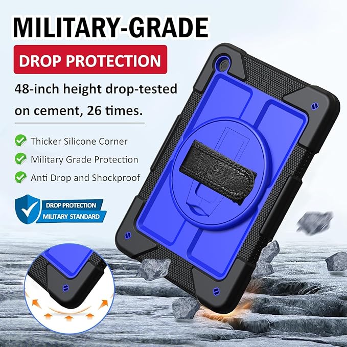 BMOUO for Samsung Galaxy Tab A9+ Plus Case 11 2023 (SM-X210/X216/X218) Shockproof Galaxy Tab A9 Plus Case with Rotating Stand and Hand/Shoulder Strap Deep Blue and Black