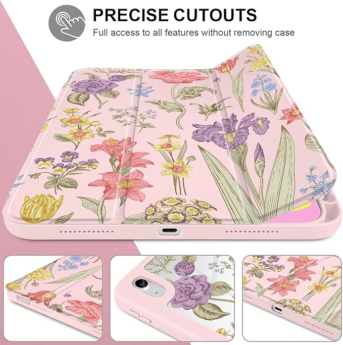 DONGKE Case for iPad (A16) 11th Generation 11 inch 2025 &amp iPad 10th Gen 10.9 inch 2022 [Built-in Pencil Holder] Clear Acrylic Back Trifold Stand Smart Cover Auto Sleep/Wake Pink Botanical Flora