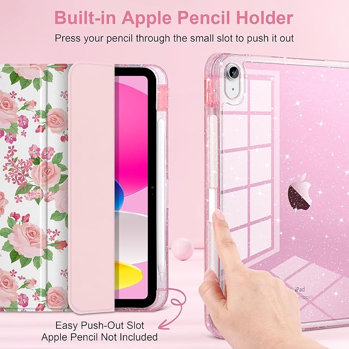 MEEgoodo Case for iPad A16 11th Generation 2025/10th Generation 2022 Glitter Tablet Cases with Transparent Acrylic Back+Trifold Stand +Pencil Holder+Auto Wake/SleepFloral Ornamental Texture