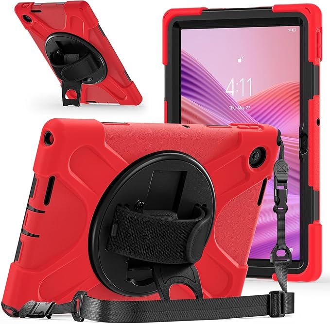 Tablet Case Compatible with Lenovo Tab 10.1(TB-311XU) /K10C TB311FU 2025 Case Protective Heavy Duty Rugged Shockproof Drop Protection Cover Shoulder Strap for Kids Silicone Cover(Red)