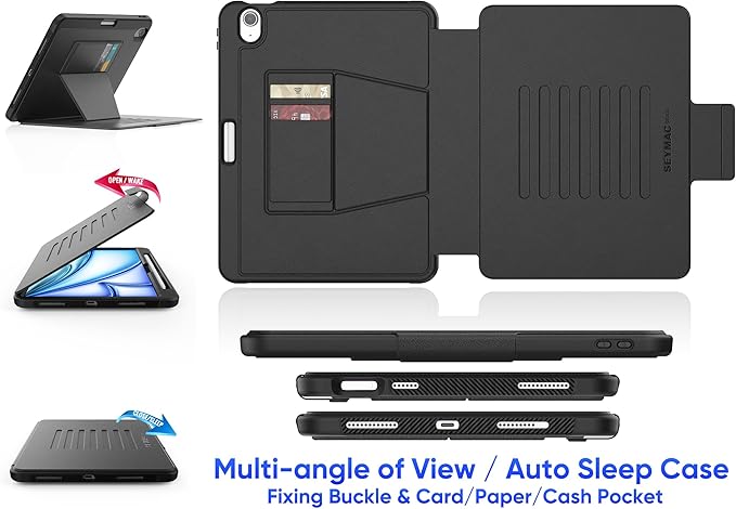 SEYMAC stock Case for iPad Air 11 inch (M2) 2024/ Air 6th Generation Auto Sleep/Wake Case with Magnetic Multi-Angles Stand Card Slot Black