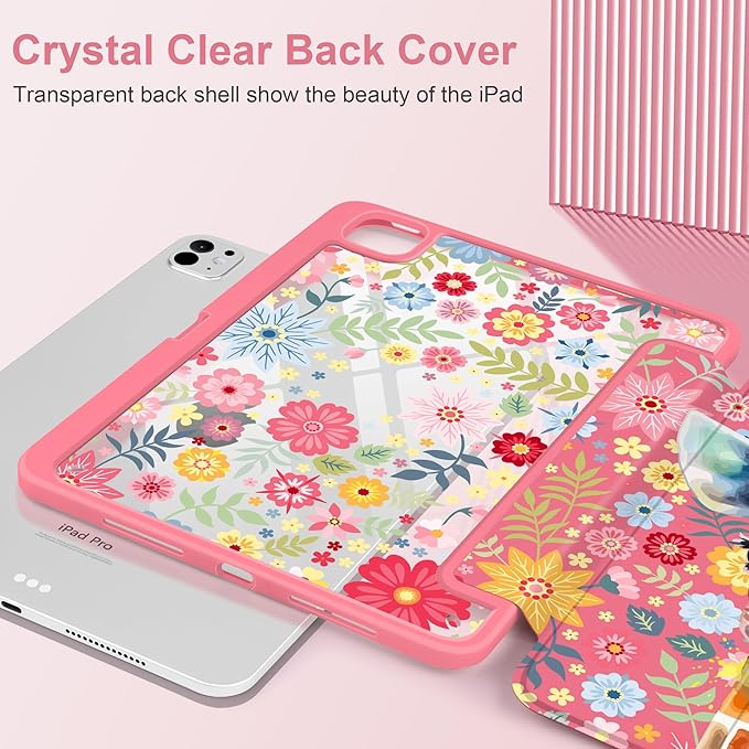 Case for iPad Pro 13 inch (M5) 2025 (M4) 2024 Release Slim Lightweight Cute Hot Pink Cover with Clear Back TPU Edge Pencil Holder Trifold Stand Giraffe