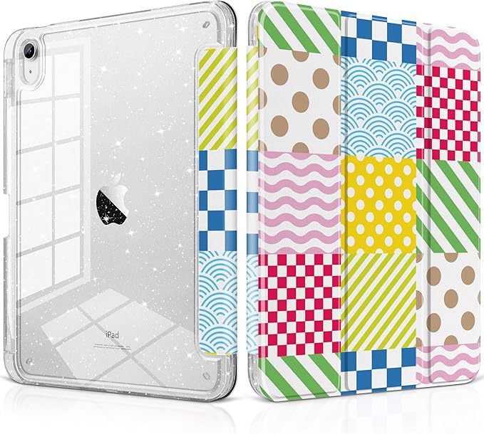 MEEgoodo Case for iPad A16 11th Generation 2025/10th Generation 2022 Glitter Tablet Cases with Transparent Acrylic Back+Trifold Stand +Pencil Holder+Auto Wake/SleepChecked &amp Striped &amp Wave
