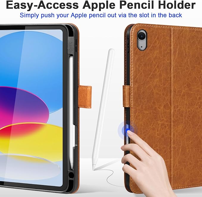 Leather Case for iPad A16 11th Gen 11 InchiPad 10th Gen. 10.9 Inch Premium Leather Folio Cover with Apple Pencil Holder Auto Wake/Sleep Adjustable Stand Magnetic ClosureLight Brown
