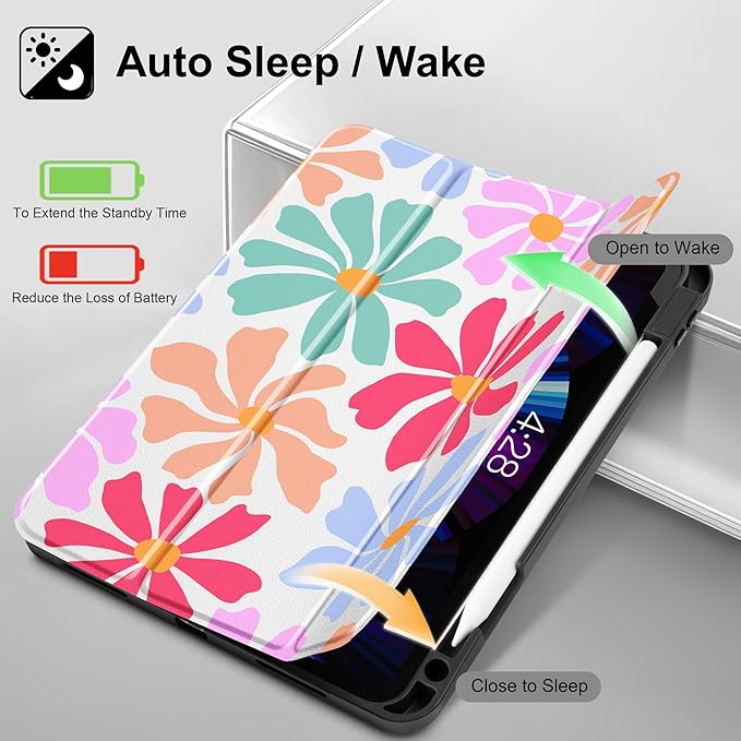 May Chen Case for iPad Pro 11 inch (4th 3rd 2nd &amp 1st Gen) 2022 2021 2020 2018Trifold Stand with Auto Wake/Sleep Soft TPU Protective Stand Back Cover Groovy Flower