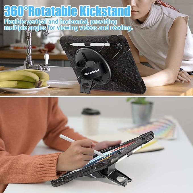 BRAECNstock Case for Apple iPad 9th/ 8th/ 7th Generation 10.2 inch 2021/2020/2019 Shockproof Protective Kids Case with Screen Protector Pen Holder Rotating Stand+Hand Strap Carnival Night Black