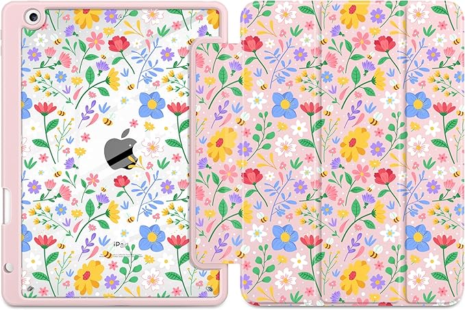 MEEgoodo Case for iPad 10.2 inchTablet Cases for iPad 9th Generation 2021/8th Gen 2020/7th Gen 2019 with Clear Acrylic Back Shell+Pencil Holder+Auto Wake/Sleep+Trifold StandFlat Spring Floral