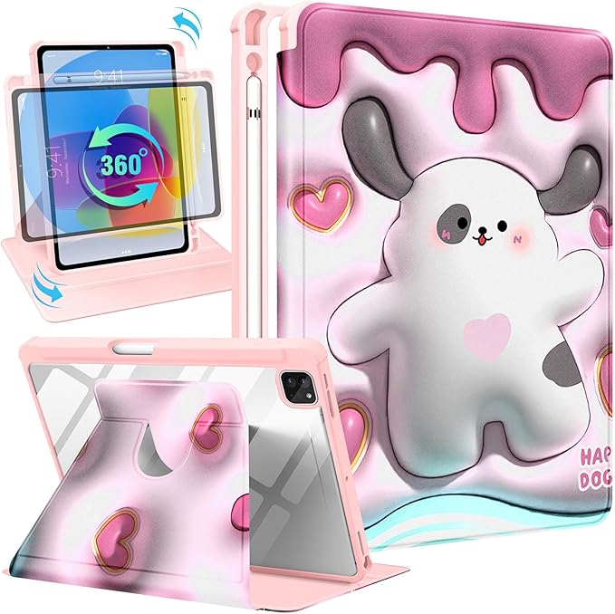 for iPad Air 11 inch Case Air 5th/4th Generation 10.9 Pro 11'' Case Women Girls for Apple Pencil Holder Cute Kawaii Cartoon Dog Rotating Folio Cover for Apple iPad Air 5/Air 4/Pro 11
