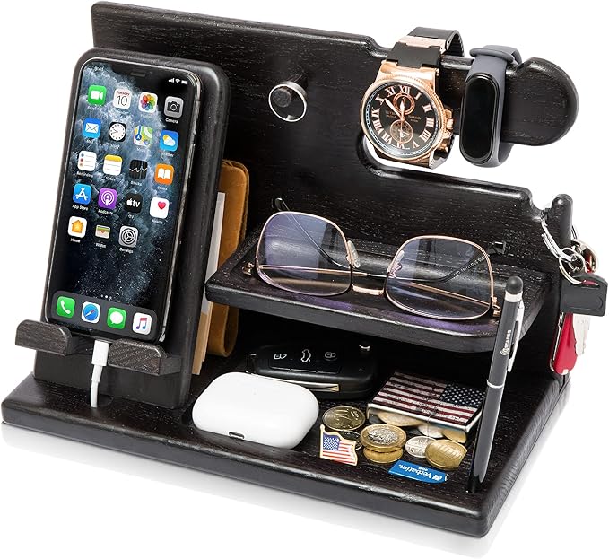 TESLYAR Wood Phone Docking Station for Men - Desk or Nightstand Organizer - Birthday Gifts for Husband Dad - Anniversary Idea from Wife - Key Holder Stand Wallet Watch &amp Essentials (Granite Bla