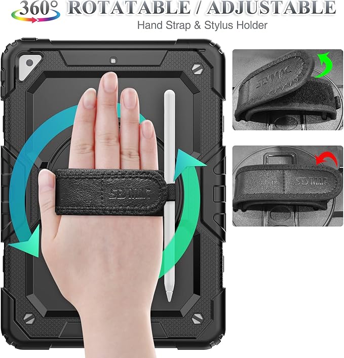 SEYMAC stock Case for iPad Air 3 2019 / Pro 10.5'' with Screen Protector Pen Holder [360° Rotate Hand Strap/Stand] Drop-Proof Case (Black)