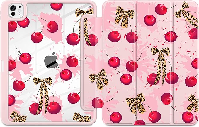 Case for iPad Pro 11 Inch (M5 2025 M4 2024) – [Built-in Pencil Holder] Shockproof &amp Stylish Clear Hard Back + Soft TPU Edge Magnetic Trifold Stand Auto Wake/Sleep Cherry &amp Leopard