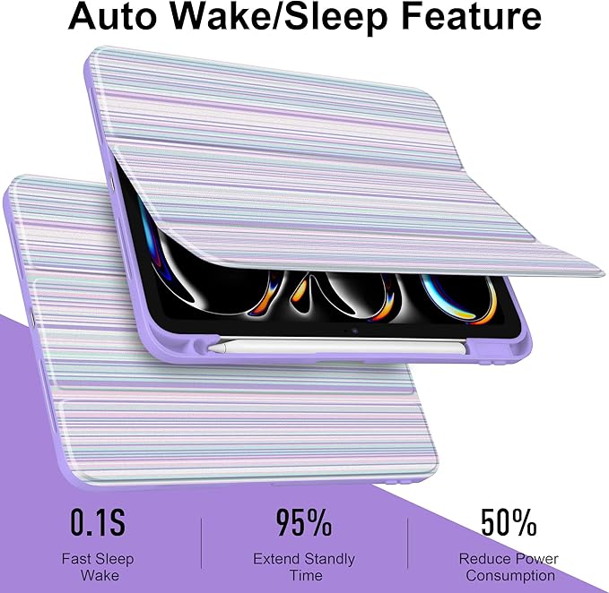 TWOLSKOO Case for iPad Pro 11-inch (M5 2025 / M4 2024) Clear Acrylic Back with TPU Bumper Pencil Holder Trifold Stand Auto Sleep/Wake Purple Stripes