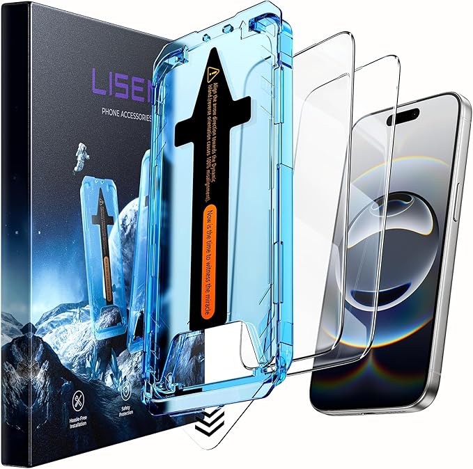 LISEN 2 Pack [Top 9H+ Hardness] Glass for iPhone 17 / iPhone 16 Pro Screen Protector Military Grade Shatterproof 8K HD Auto Dust-Elimination Bubble Free Tempered Glass with Ultra Fit Tray