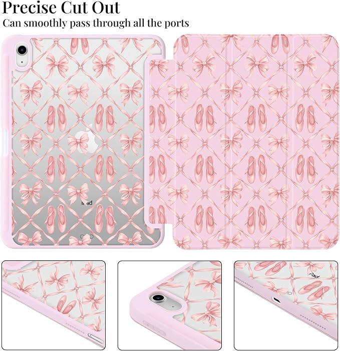 Cute Case for iPad Air 13 (M3) 2025/ (M2) 2024 Pink Coquette Ballet Bow Clear Hard Back Hybrid Casewith Pencil Holder Trifold Stand Slim Tablet Cover for Girls Women