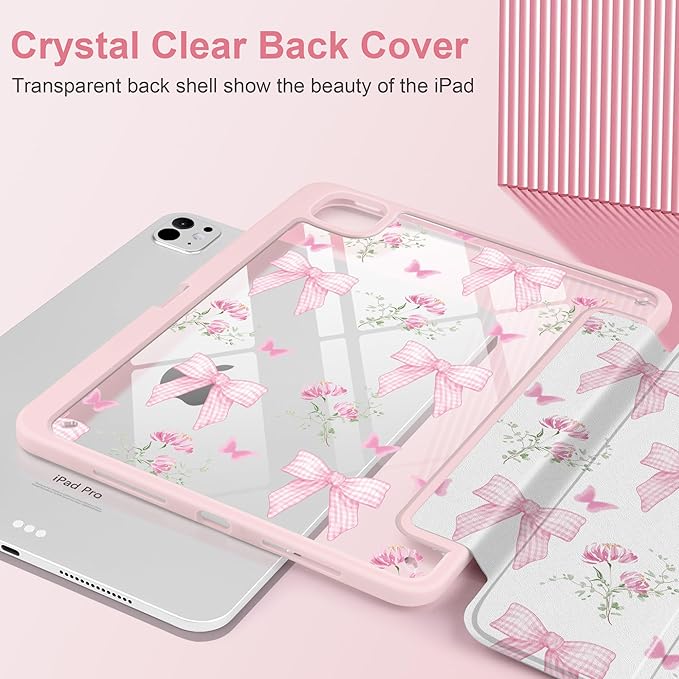 TWOLSKOO Case for iPad Pro 11-inch (M5 2025 / M4 2024) Clear Acrylic Back with TPU Bumper Pencil Holder Trifold Stand Auto Sleep/Wake Pink Gingham Bows