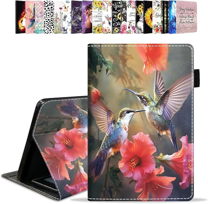 Case for All-New Amazon Kindle Fire HD 10 &amp 10 Plus Tablet 10.1 (13th/11th Generation 2023/2021 Release) - PU Leather Folio Case with Smart Auto Wake/Sleep - Hummingbird Flowers