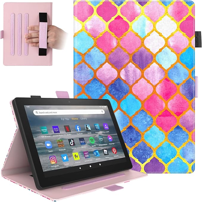 Dteck Folio Case for All-New Kindle Fire HD 10 &amp Fire HD 10 Plus Tablet 11th Generation 10.1 2021 ReleaseShockproof Protective PU Leather Case with Hand Strap Smart Stand Magnetic CoverPink Blu