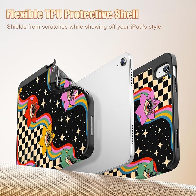 Tuiklol Case for iPad 10.2 Inch 2021 2020 2018 Release 9th / 8th / 7th Generation Built-in Pencil Holder TPU Protective Stand Back Cover Trifold Stand-Auto Wake/Sleep Flowers &amp Eyes