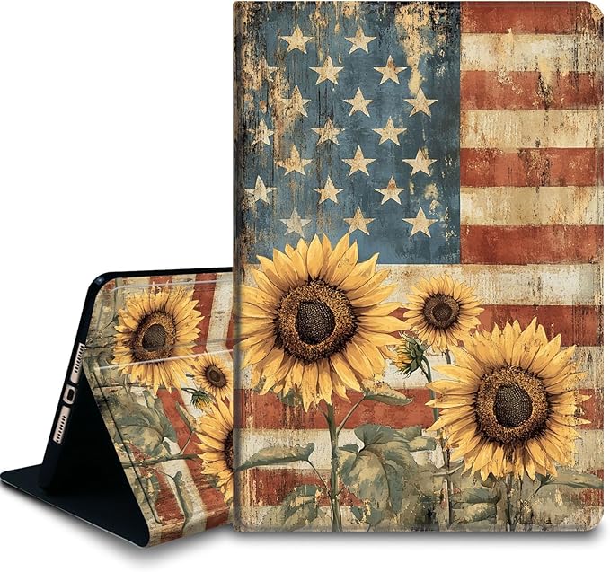 Bxgolkgd Tablet Case for iPad 9.7 Inch (2017/2018 Model5th/6th Generation)Shockproof Stand Cover with Heat DissipationAuto Wake/Sleep FunctionRetro Sunflowers with American Flag