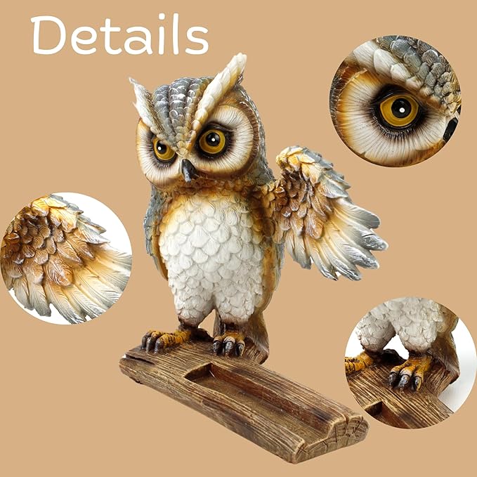Wise Owl Phone Stand Resin Animal Smartphone Holder Home and Office Accessory Novelty Gifts 5.5 x 6.5 Inches
