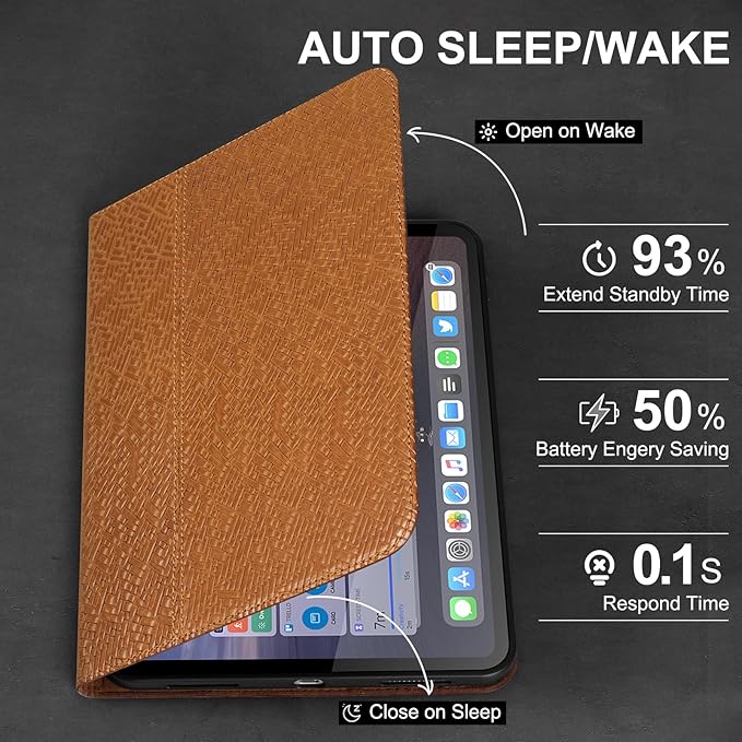 Leather Case for iPad (A16) 11th Gen. 2025 11 Inch iPad 10th Gen.2022 10.9 Inch Full Grain Leather Cover with Auto Sleep/Wake Anti Slip Brown Stripe