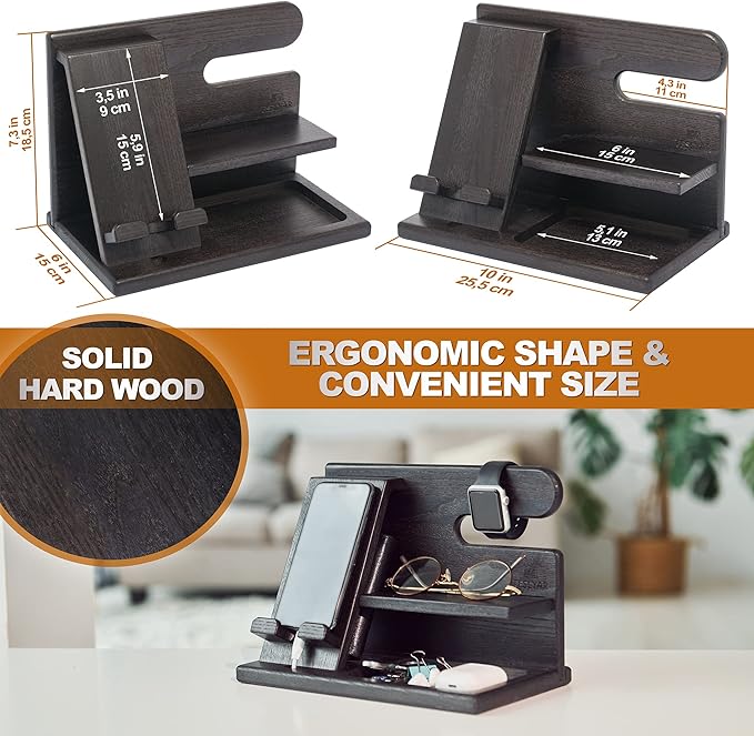 TESLYAR Wood Phone Docking Station for Men - Desktop or Nightstand Organizer - Birthday Gifts for Men Dad - Anniversary Idea from Wife - Key Holder Stand Wallet Watch &amp Essentials (Granite Blac