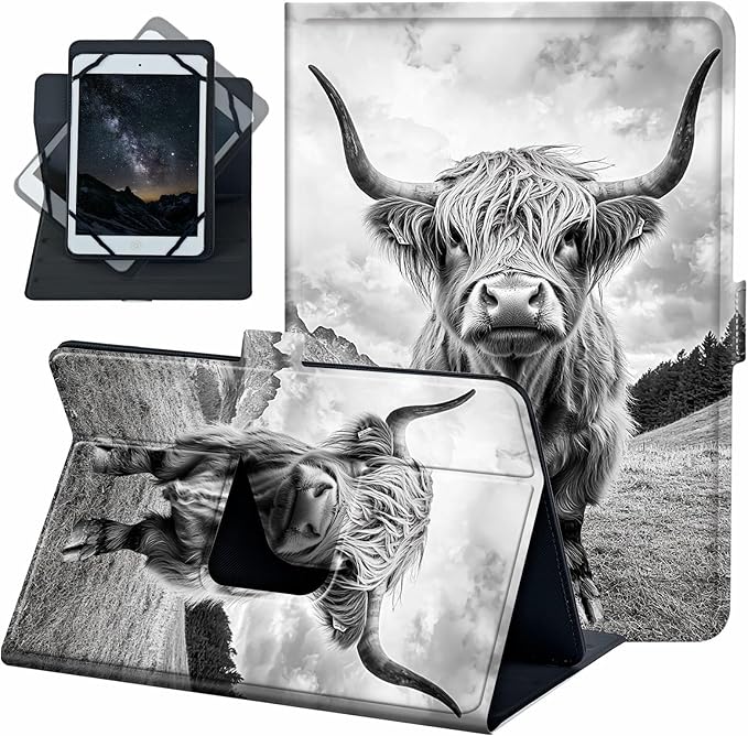 for Universal 10 10.1 Inch Android Tablet Case 360 Degree Rotating Leather Stand Folio Cover for iPad 9.7/10.2/10.5/Galaxy Tab 9-10.5/Fire HD10 &amp More 9.0-10.5 Inch TabletBlack Cute Cow