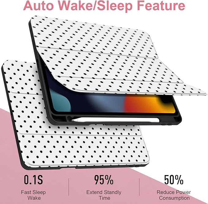 MEEgoodo Case for iPad 10.2 inchTablet Cases for iPad 9th Generation 2021/8th Gen 2020/7th Gen 2019 with Clear Acrylic Back Shell+Pencil Holder+Auto Wake/Sleep+Trifold Stand Poka Dot Black
