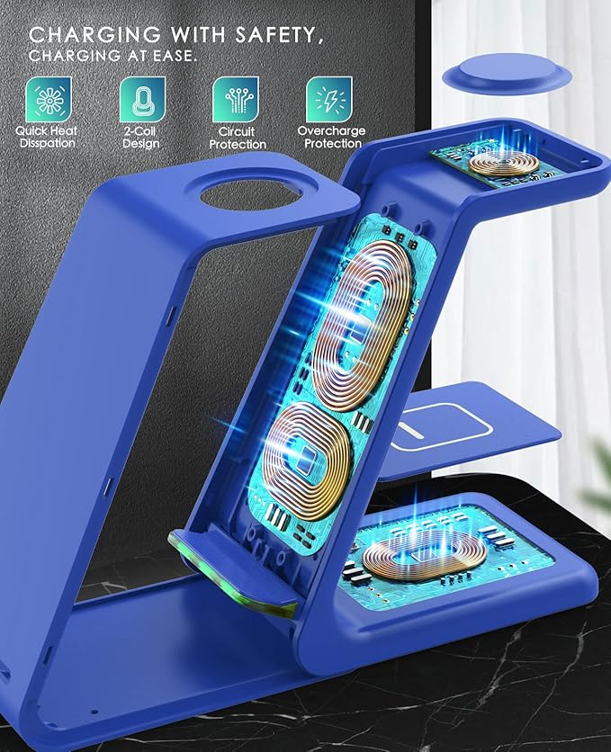 3 in 1 Wireless Charging Station 2026 Upgraded Fast Desk Charger Station for iPhone 17 16 15 14 13 12 Pro Max Plus Charger Stand for Apple Watch 10 9 8 7 6 5 4 3 2 SE Airpods 4 3 2 Pro(Blue)