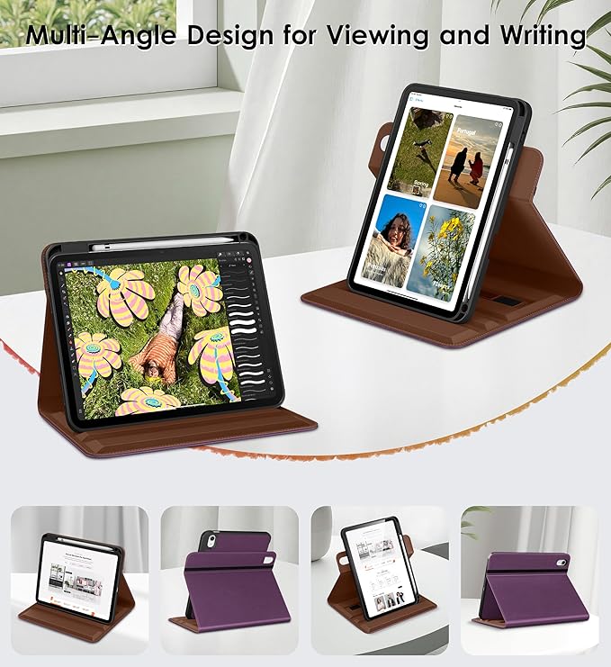 DTTO for iPad A16 Case iPad 11th / 10th Generation Case (2025/2022) 360 Degree Rotating Premium Leather Folio Stand Cover with Pencil Holder Purple