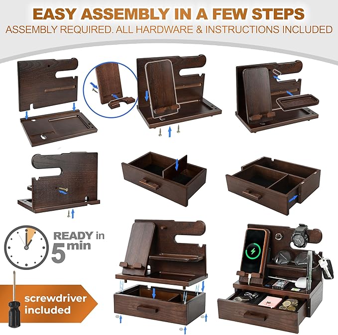 TESLYAR Wood Phone Docking Station with Drawer - Nightstand Organizer - Desk Organizer for Husband - Birthday Gifts for Men Dad Anniversary Key Holder Stand Watch Accessories (Chocolate Brown)