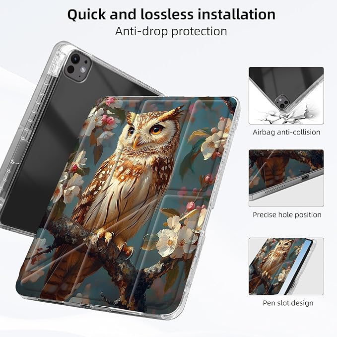 for iPad Pro 11 2024 Case with Pencil Holder Foldable Y-Shaped Protective Cover Stylish Clear Multi-Angle Viewing &amp Auto Sleep/Wake Blossom Owl Tablet Case