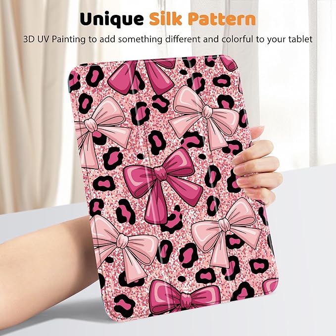 Case for iPad 11 inch A16 2025 Generation 11th / iPad 10.9 inch 10th Generation 2022 Smart Foldable Stand PC Clear Translucent Back Shell Auto Wake/Sleep Slim CoverLeopard Print Bow