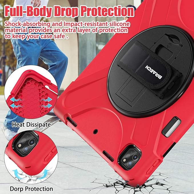 BRAECNstock Case for Apple iPad Air 13 inch (M4/M3/M2)/ iPad Pro 12.9 inch 6th/5th/4th/3rd Gen Shockproof Protective Case with Pencil Holder 360° Rotating Stand &amp Hand Strap Shoulder Strap Red