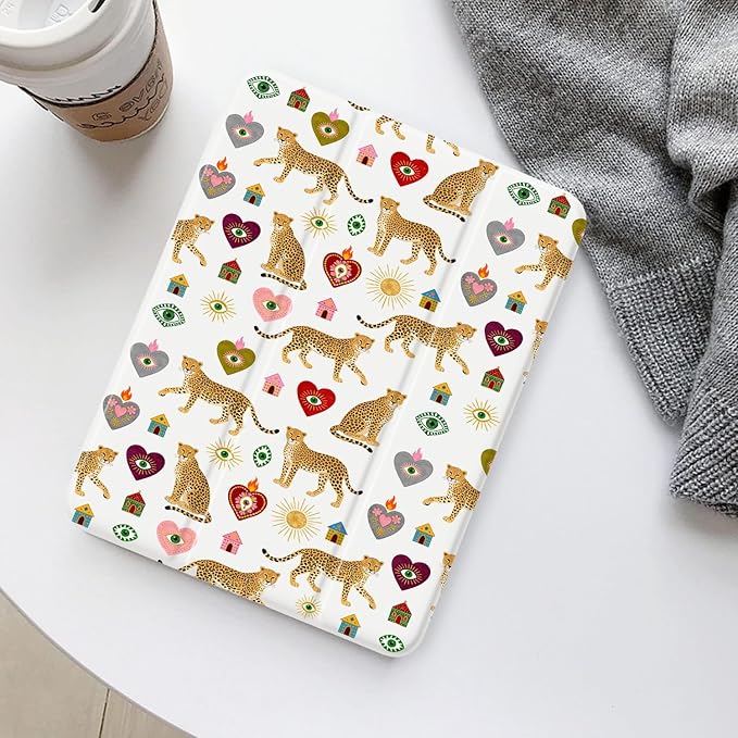 Bohemia Cheetah Evil Eye for iPad Pro Case 11 Inch (6th M5 2025/5th M4 2024) Gen[Pencil Holder+Auto Sleep/Wake]Slim Stand Soft Leather TPU Back Smart CoverWhite
