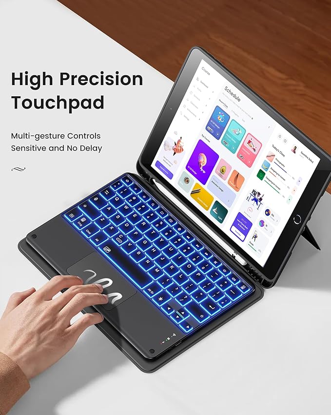 INFILAND Keyboard Case for iPad 9th/8th/7th Generation 10.2 Inch 7-Color Backlight &amp High Precision Trackpad Slim Detachable Folder Style Keyboard Case with Pencil Holder (04-Navy)