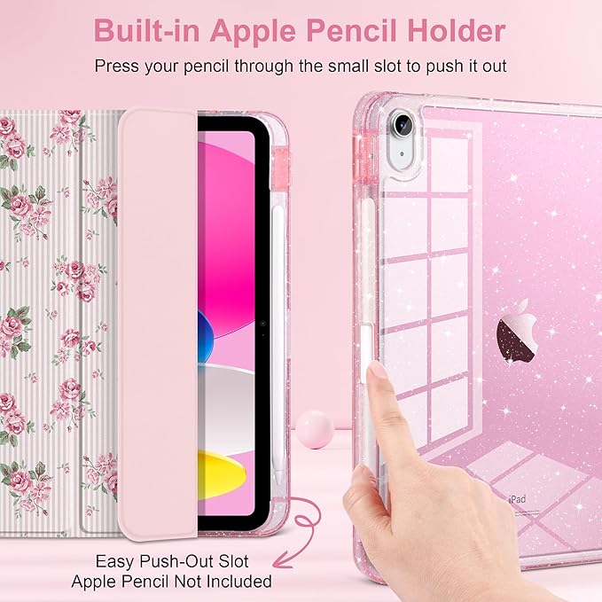 TWOLSKOO Sparkly Case for iPad Pro 11 inch (M5 2025 / M4 2024) Glitter Hard Acrylic Back with Pencil Holder Slim Trifold Stand Folio Cover Auto Sleep/Wake Roses
