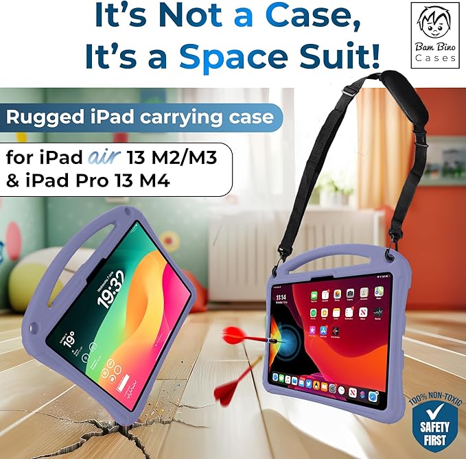 Bam Bino Space Suit Rugged Kids Case for Apple iPad Pro 13 M4 iPad Air 13 M2/M3 (2024/2025) Case for Kids with Built-in Screen Protector Handle Stand Pencil Holder Shoulder Strap (Nebula Violet)