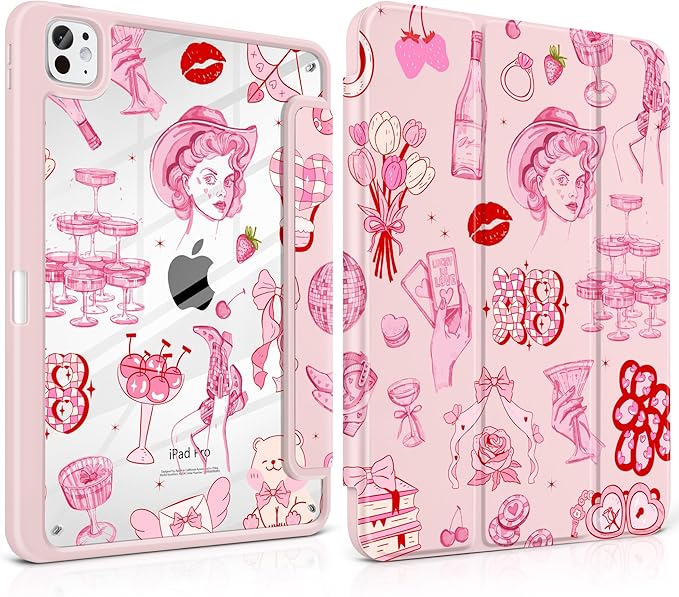 Case for iPad Pro 11 Inch (M5 2025 M4 2024) – [Built-in Pencil Holder] Shockproof &amp Stylish Clear Hard Back + Soft TPU Edge Magnetic Trifold Stand Auto Wake/Sleep Cowgirl Pink