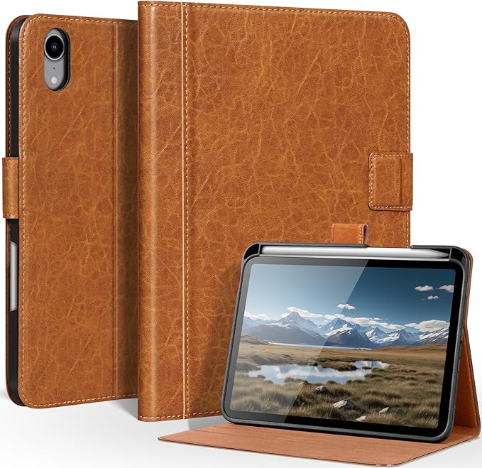 Genuine Leather Case for iPad mini 7th/6th Gen 8.3 inch Premium Folio Cover with Apple Pencil Holder Auto Wake/Sleep Adjustable Stand &amp Magnetic Closure Yellow Brown