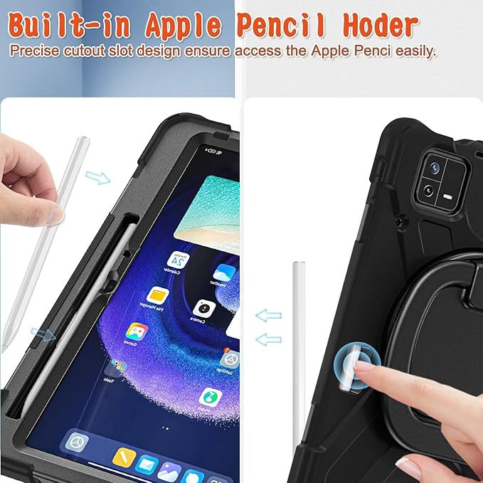 Rugged Tablet Case for Pad 6 6 Pro Tablet Cover with Stand Slim Folding Stand Cover for Pad 6 6 Pro 360° Rotation Removable Shoulder Strap (Black)